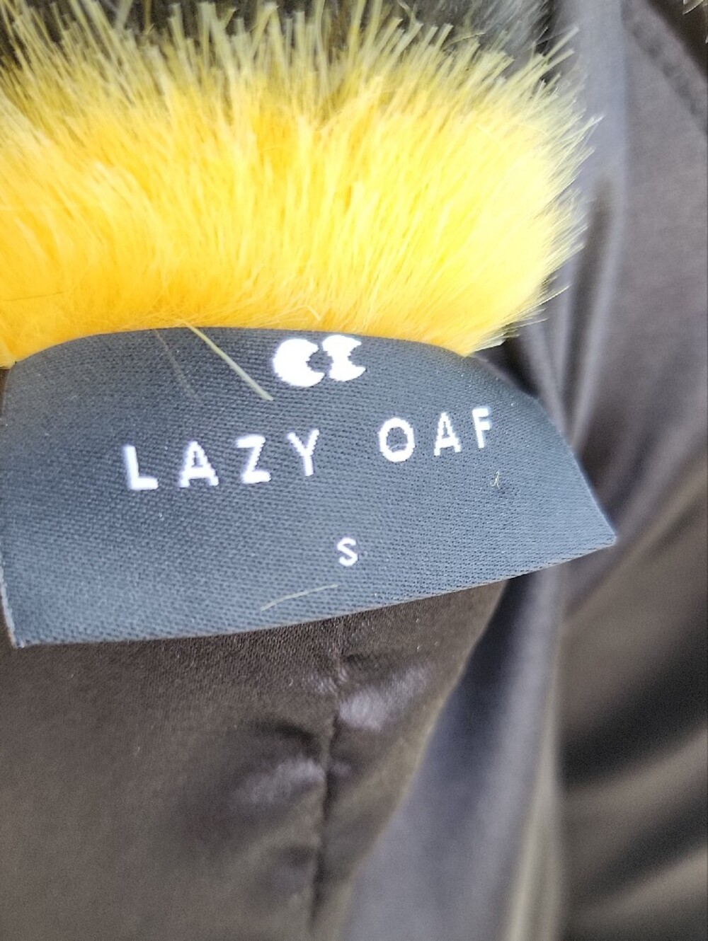 Lazy Oaf Yellow & Black Faux Fur Animal Print Coat Size Small - Picture 8 of 11